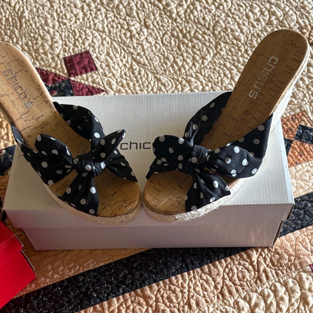 Chico's Black Polka Dot Knot Wedge Slides